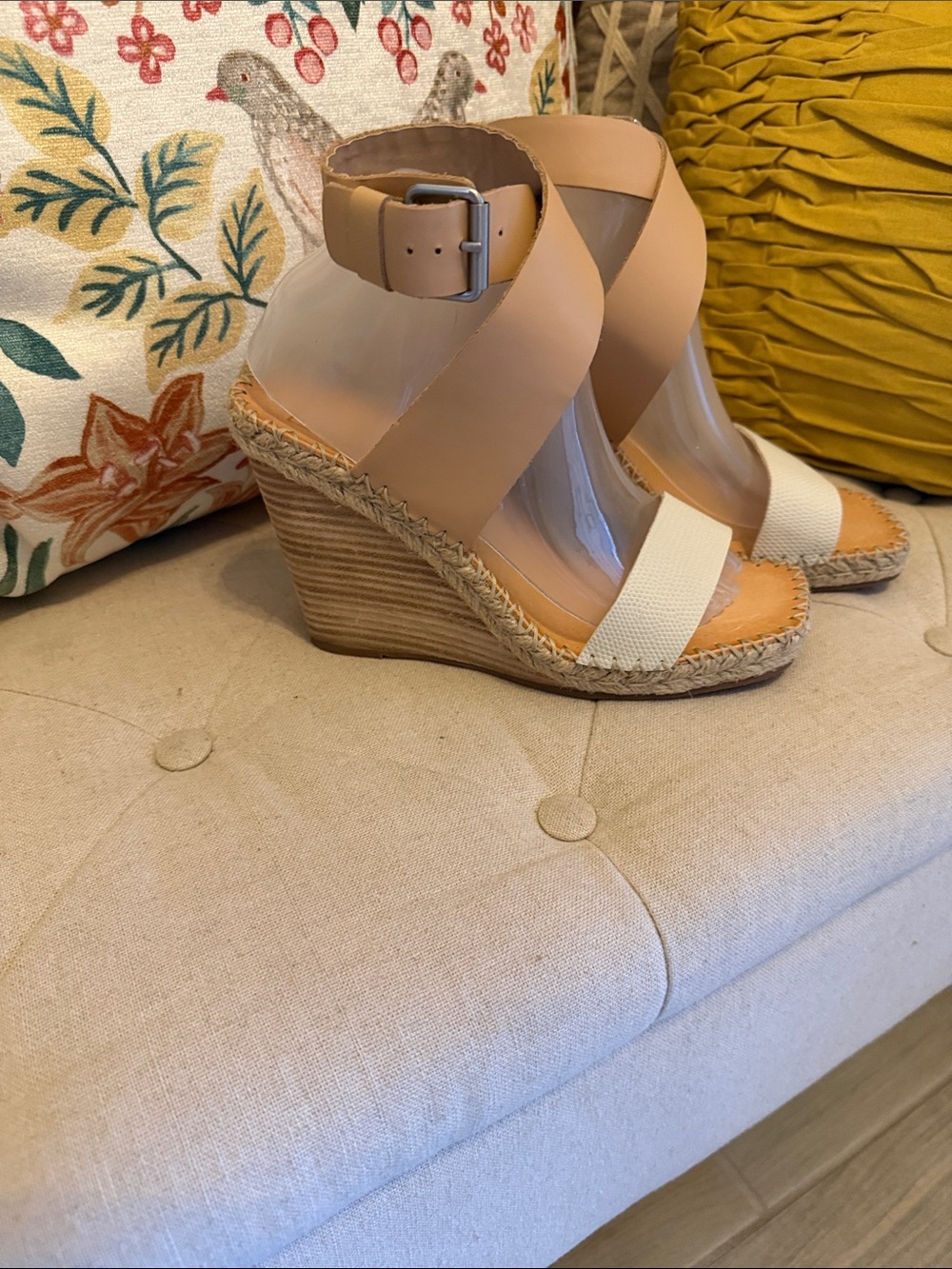 Women's Tan and White Espadrille Wedge Sandals - Ankle Strap